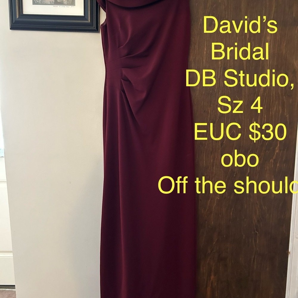 David's Bridal Burgundy Off-Shoulder Dress
